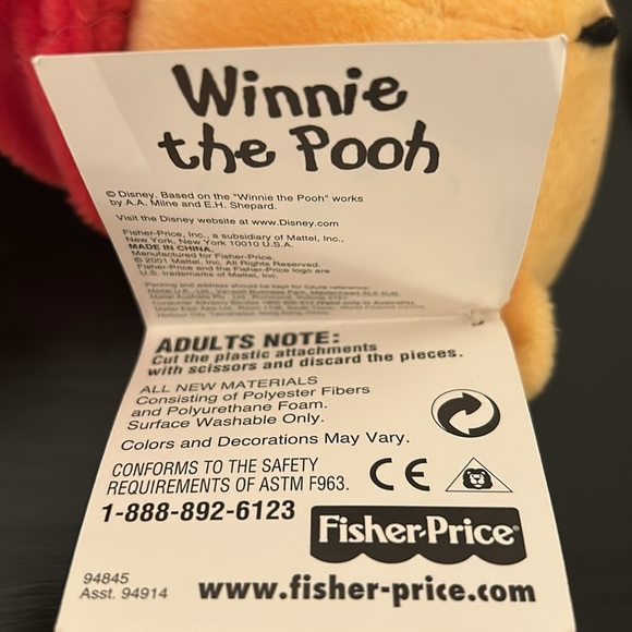 WINNIE THE POOH BEAR Plush Stuffed Animal Toy. Made by Fisher-Price in 2001. - Picture 8 of 8